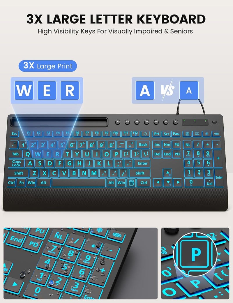 SABLUTE Large Print Backlit Keyboard, USB Wired Computer Keyboard with Backlight Memory Function, Wrist Palm, 7-Color Lighted Office Home Keyboards,Light Up Keyboard for Windows Desktop, Laptop, PC - Image 2